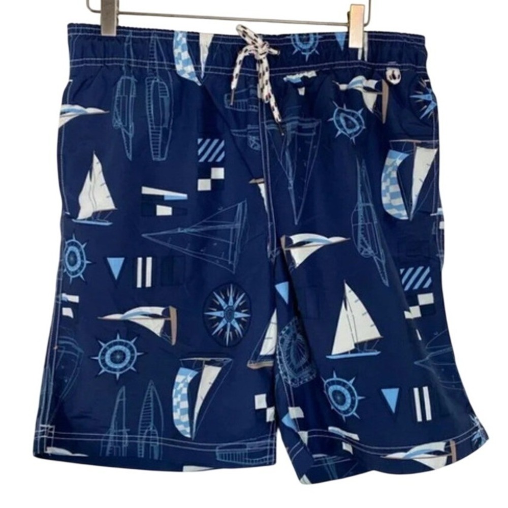 Lands' End Swim Trunks Med 32-34 Navy Blue Nautical Sailboat Compass Drawstring